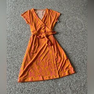 NWOT Nine West Orange and Pink Midi Wrap Dress with Tie Waist